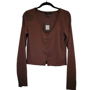 Dark Brown Forever 21 Women's Lettuce Edge Button Front Crop Top